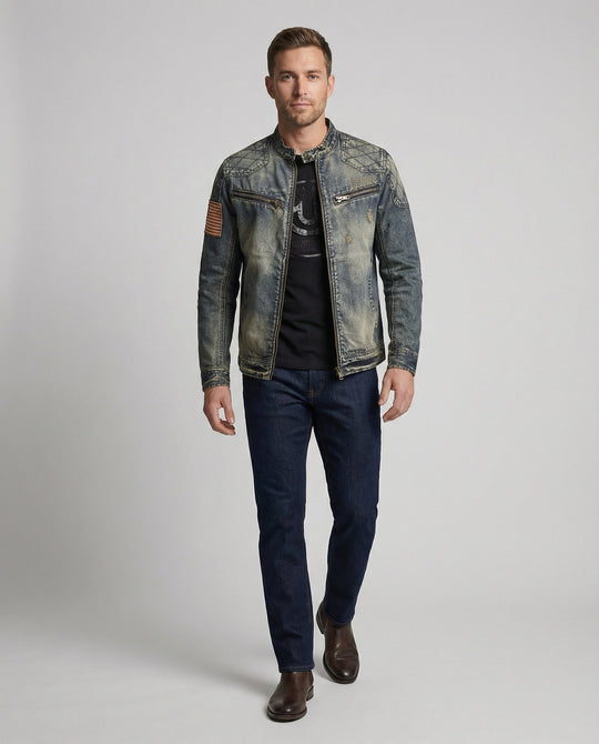 Herren Jeansjacke Biker Stil Stehkragen