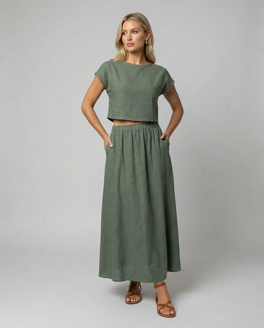 Damen Elegantes Zweiteiler-Set mit Kurzarmoberteil & Fließendem Maxirock