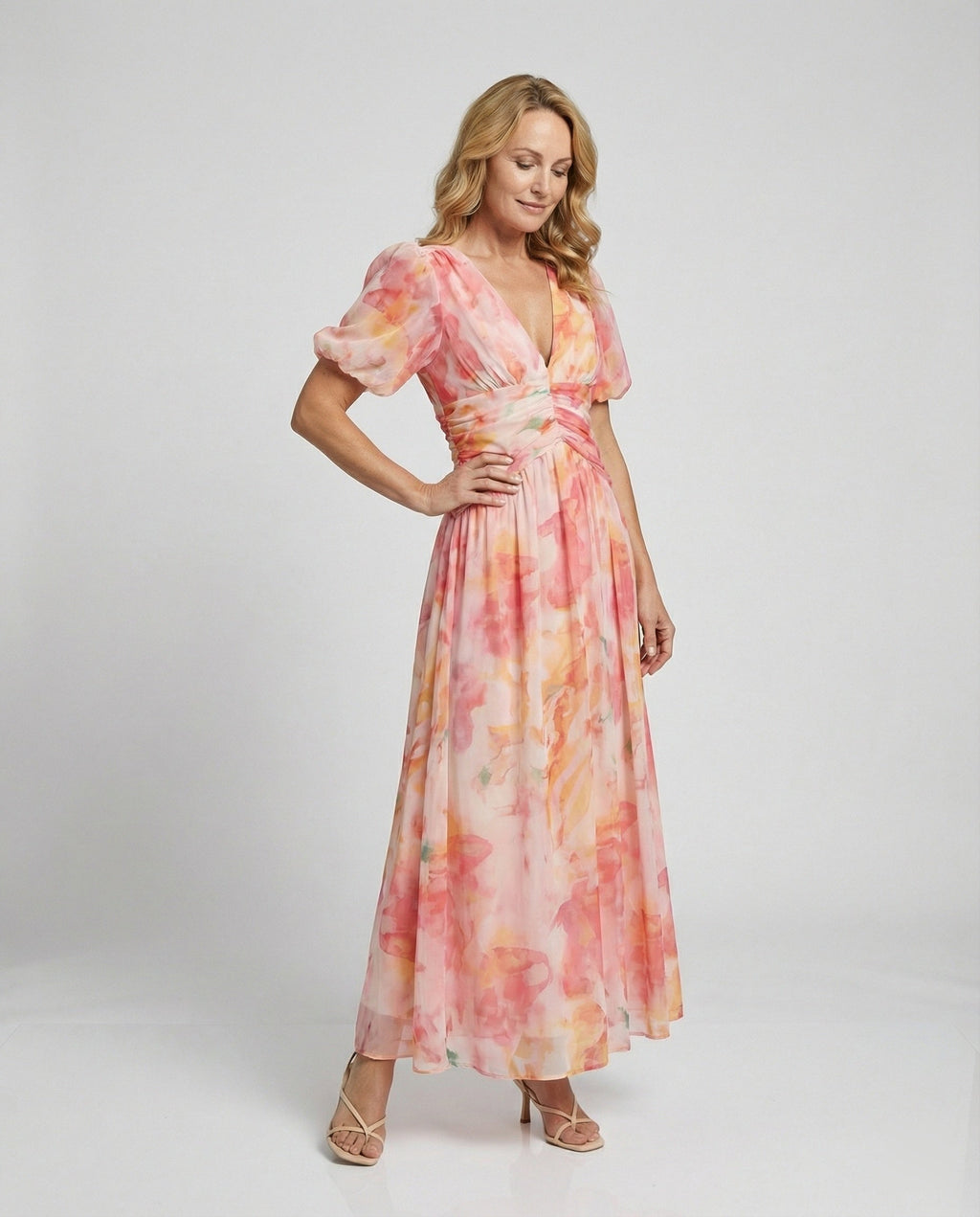 Damen Wickel-Maxikleid mit Puffärmeln