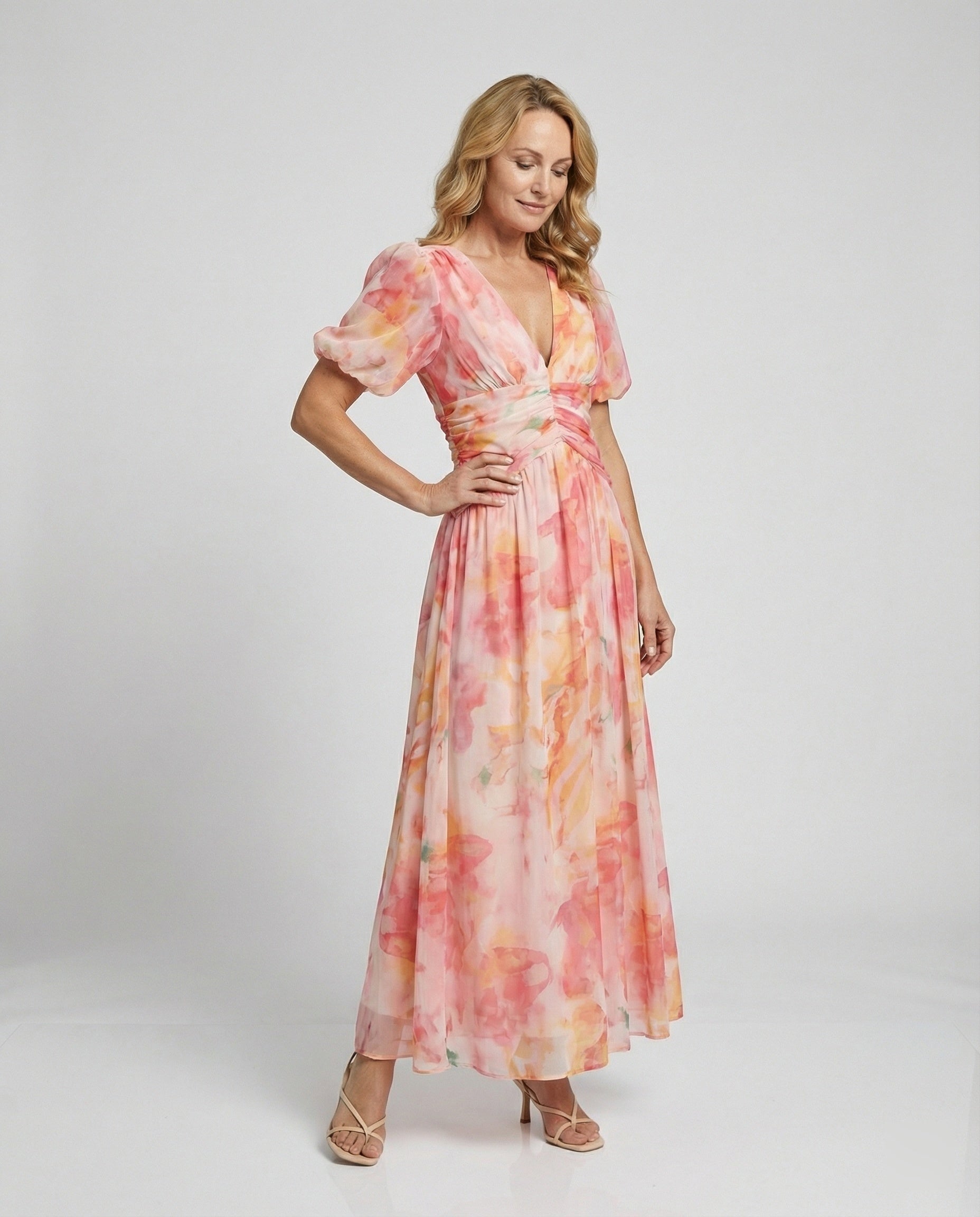 Damen Wickel-Maxikleid mit Puffärmeln