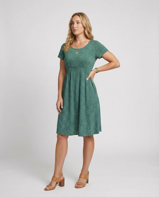 Damen Elegantes Grünes Midikleid mit Punktmuster & Kurzen Ärmeln