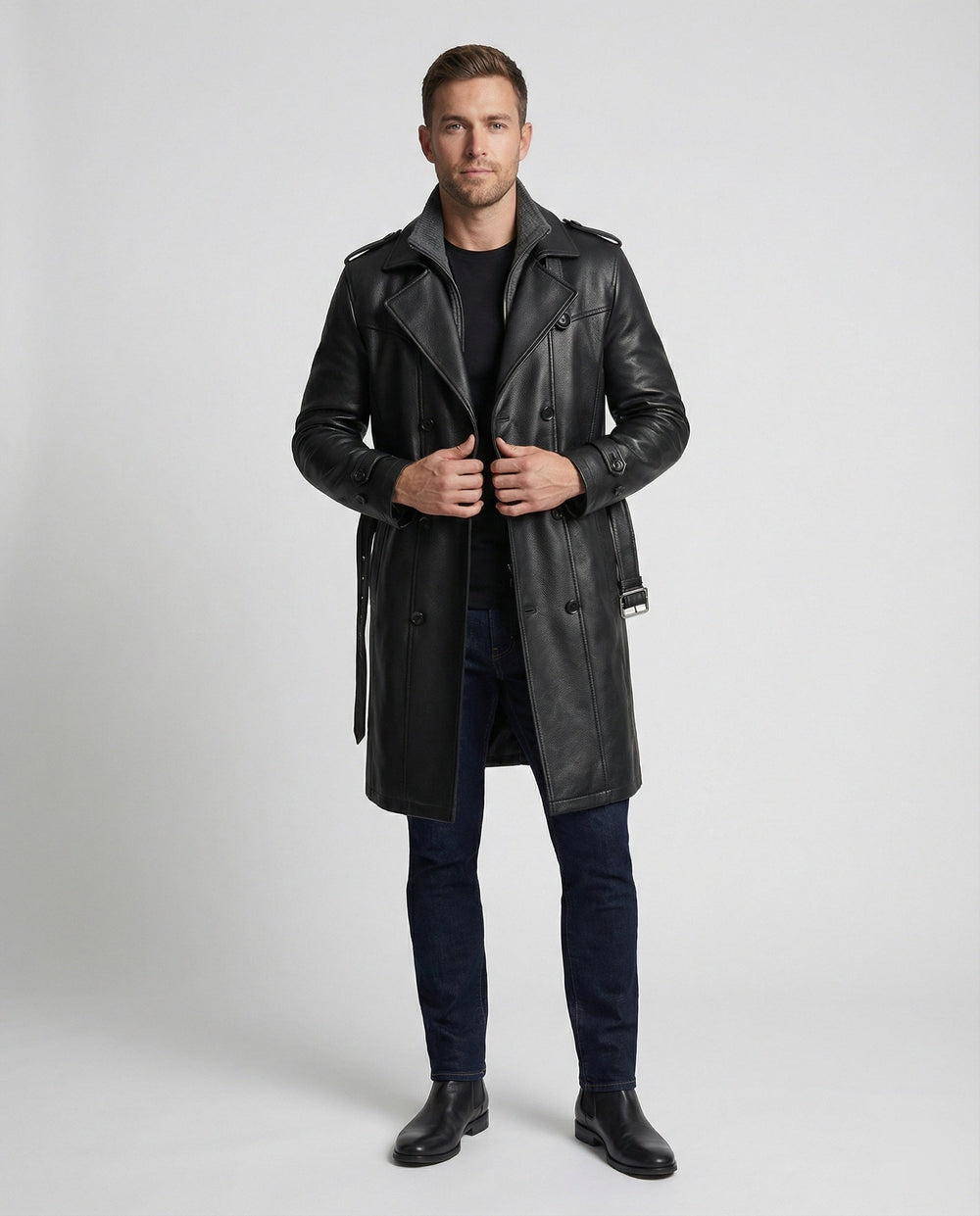 Doppelreihiger Leder-Trenchcoat Herren