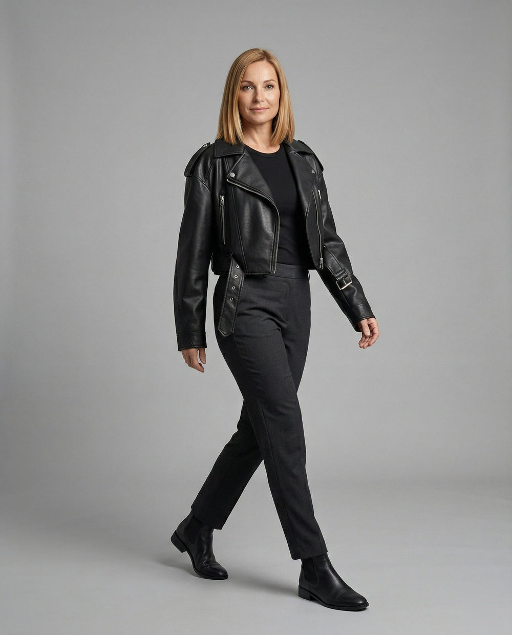 Damen Lederjacke Schwarz mit Gürtel