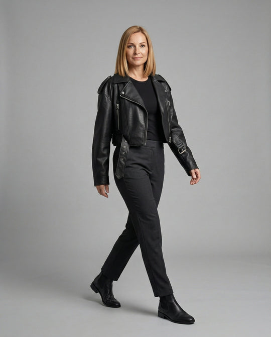 Damen Lederjacke Schwarz mit Gürtel