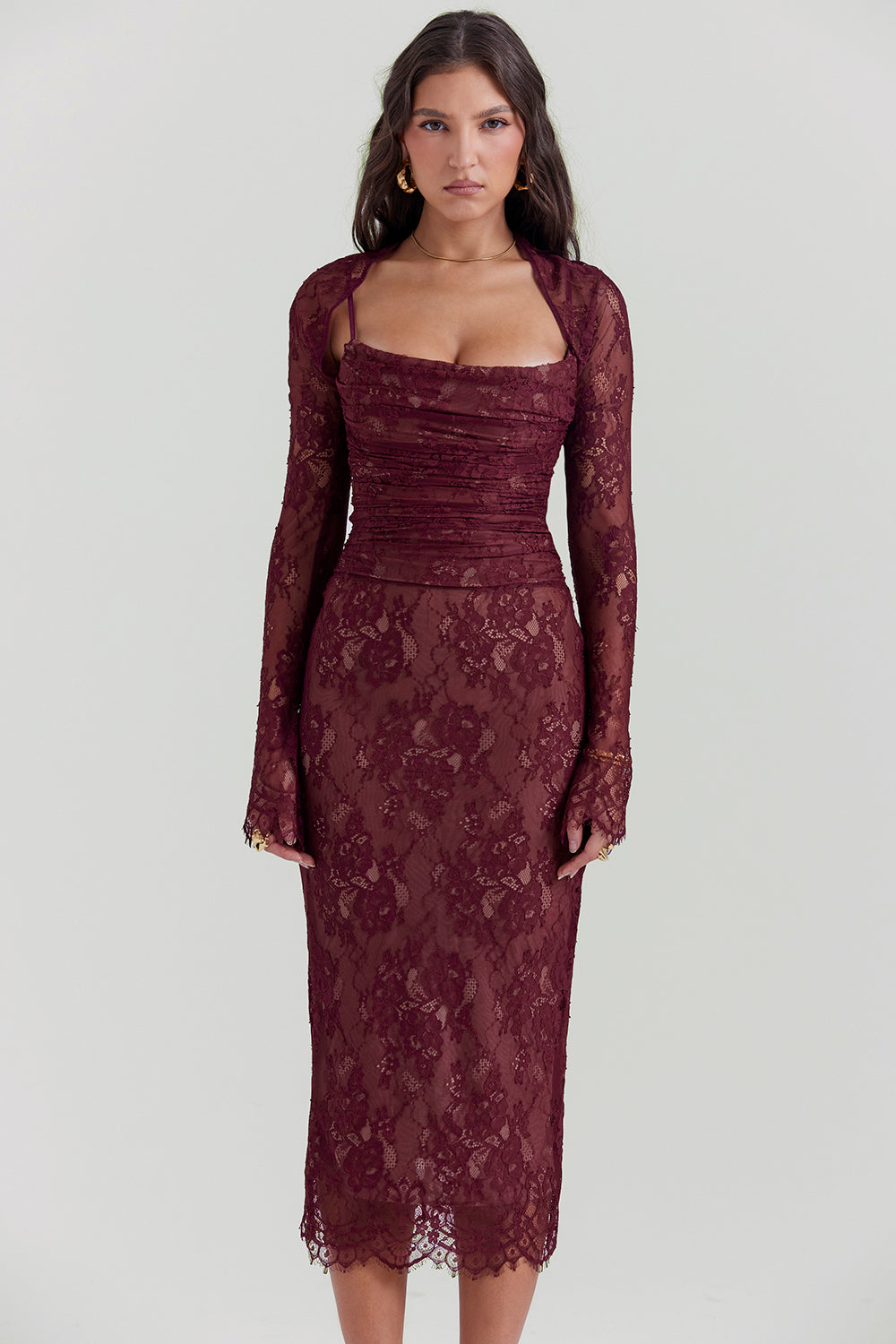 Midi Kleid aus Bordeauxrotem Spitze