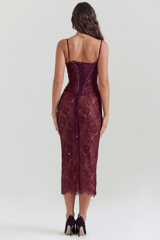Midi Kleid aus Bordeauxrotem Spitze