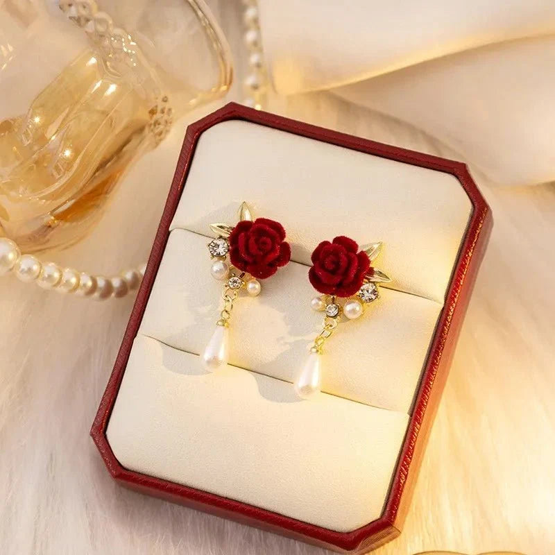 Gold Akzent Rose Diamant Perlen Ohrringe