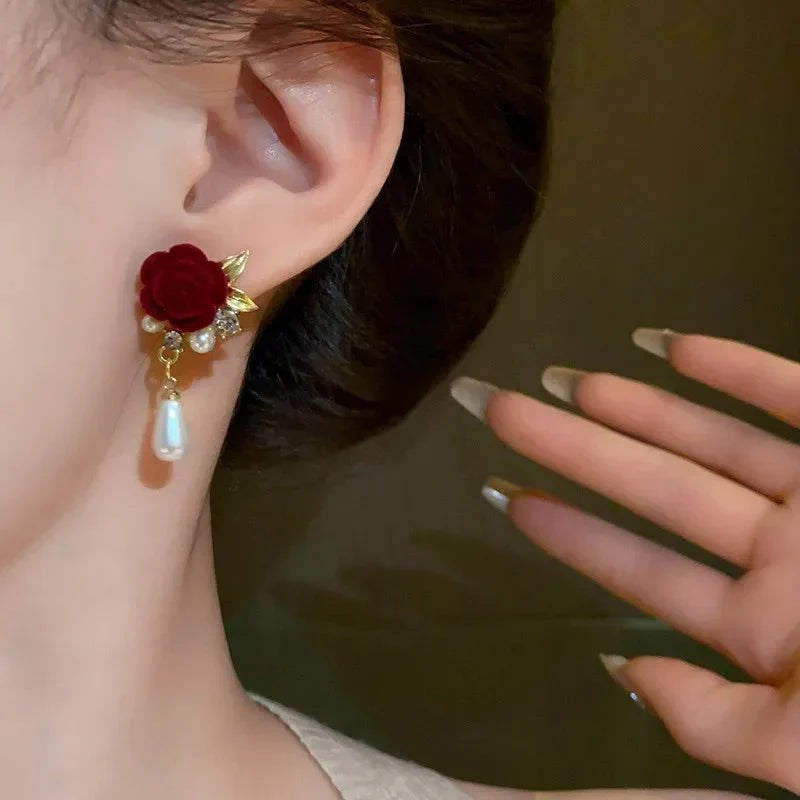 Gold Akzent Rose Diamant Perlen Ohrringe
