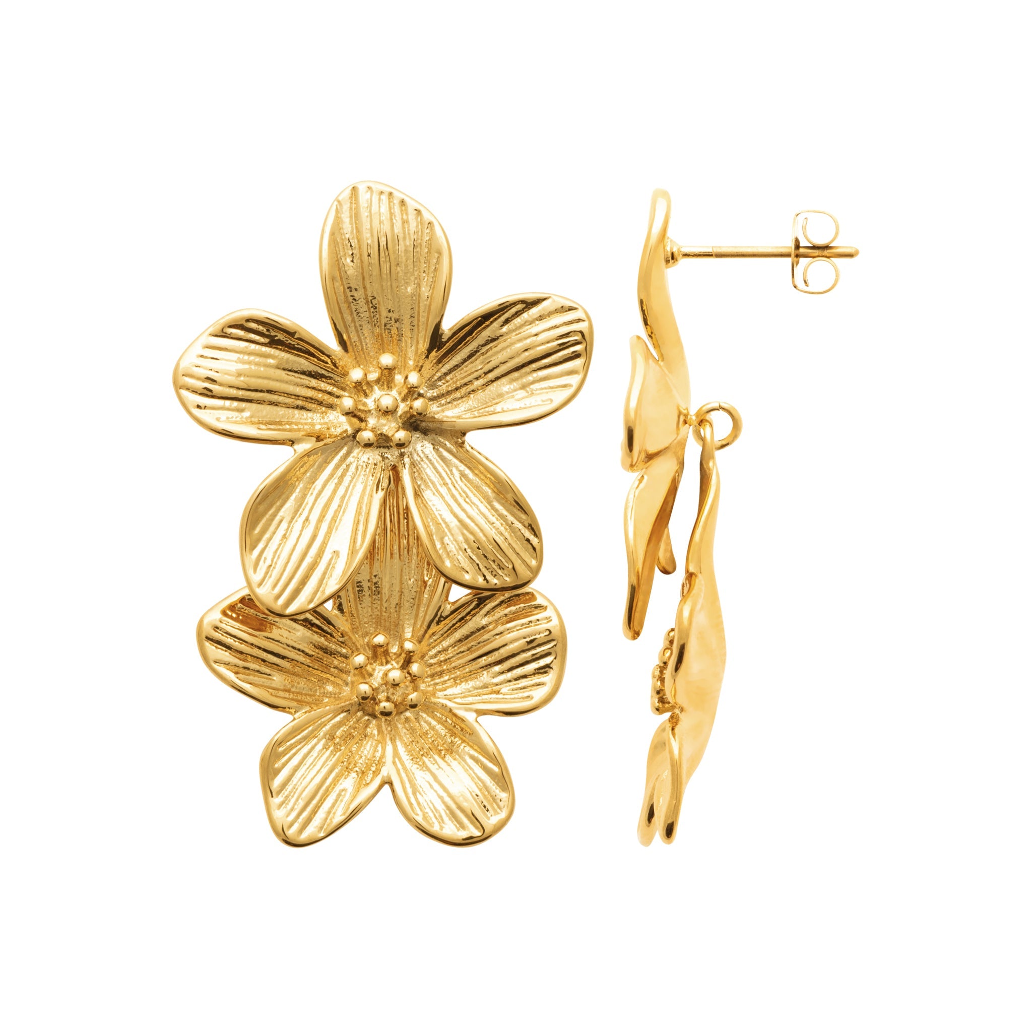 Doppelte Blumen-Ohrringe in goldfarbenem Edelstahl – Elegante goldene Blüten für einen raffinierten Look | Shop Nory