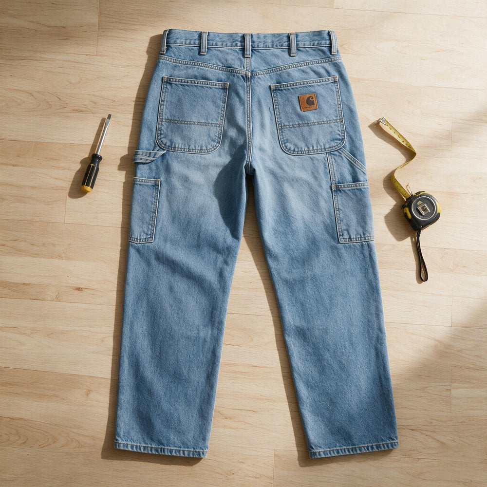 R&B Herren Handwerker-Jeans ausgelegt mit Schraubendreher und Maßband bereit zur Nutzung