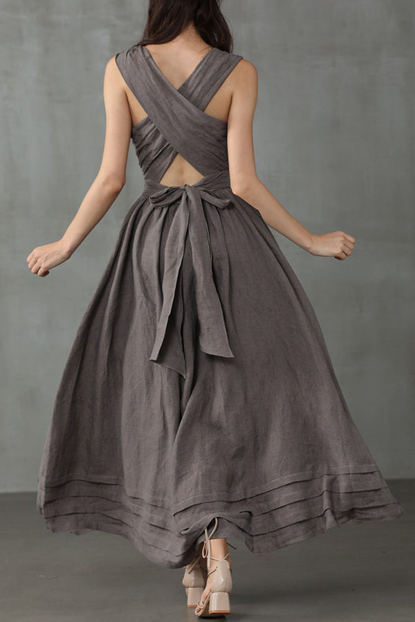 Cross Back O-Hals Maxikleid Leinen