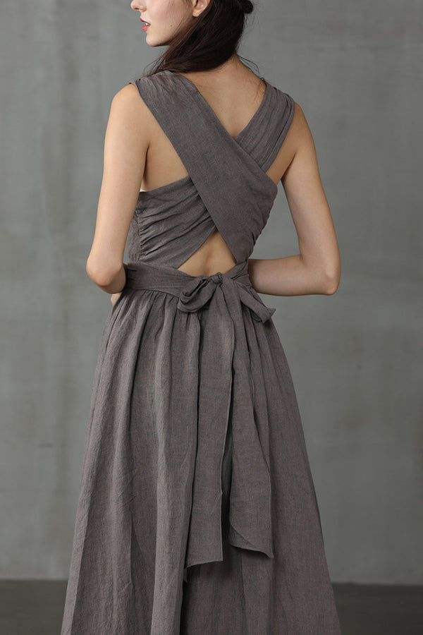 Cross Back O-Hals Maxikleid Leinen