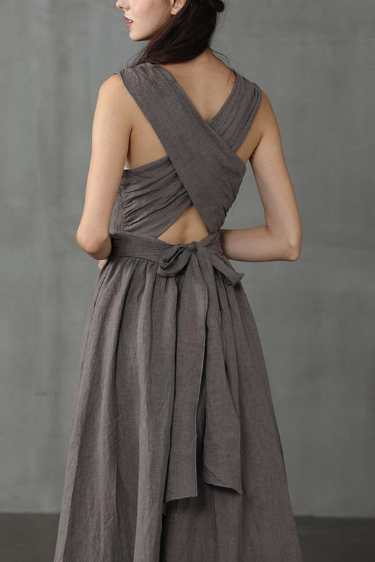 Cross Back O-Hals Maxikleid Leinen