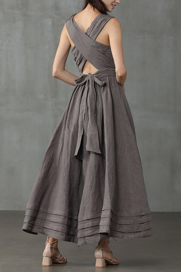 Cross Back O-Hals Maxikleid Leinen