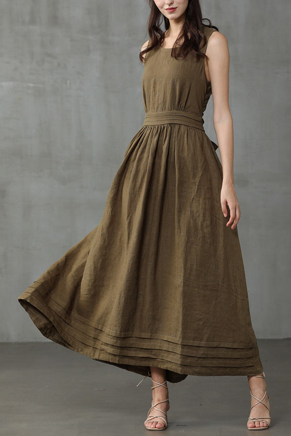 Cross Back O-Hals Maxikleid Leinen