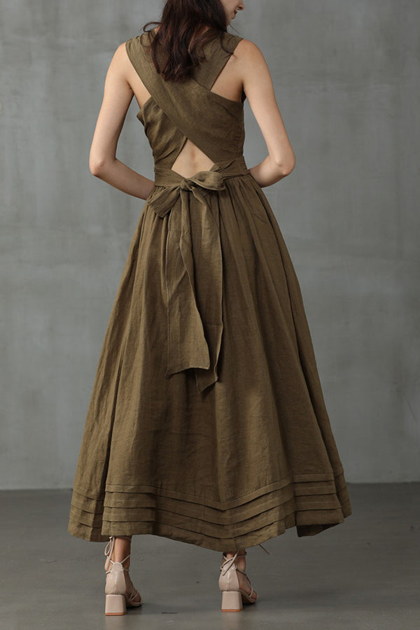 Cross Back O-Hals Maxikleid Leinen