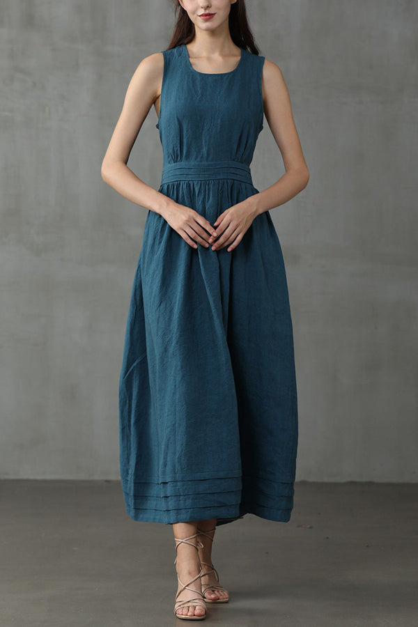 Cross Back O-Hals Maxikleid Leinen