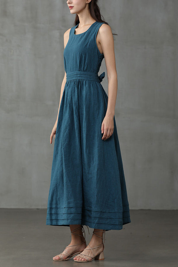 Cross Back O-Hals Maxikleid Leinen