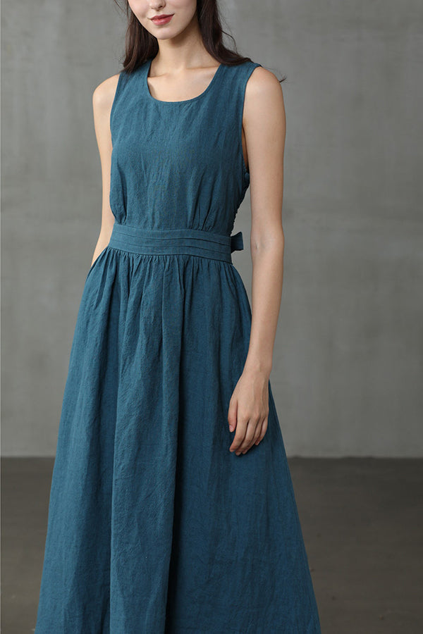 Cross Back O-Hals Maxikleid Leinen