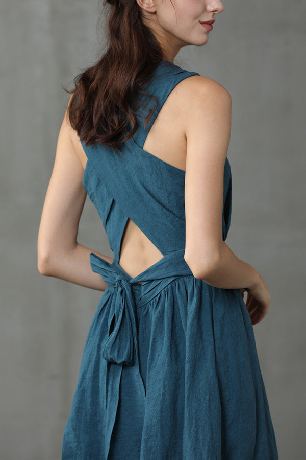 Cross Back O-Hals Maxikleid Leinen
