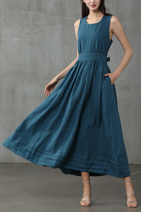 Cross Back O-Hals Maxikleid Leinen
