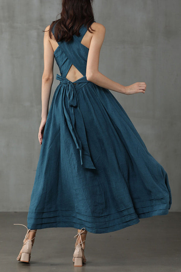 Cross Back O-Hals Maxikleid Leinen