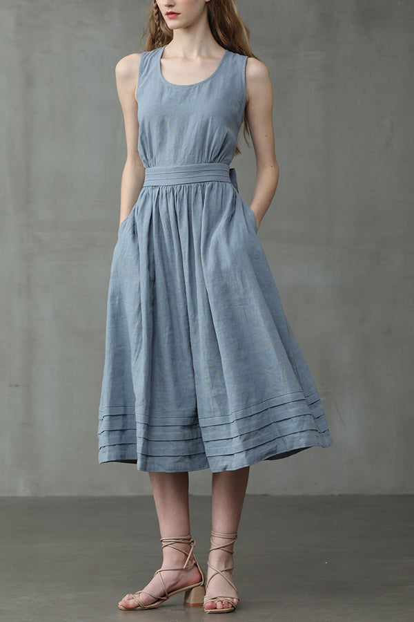 Cross Back O-Hals Maxikleid Leinen