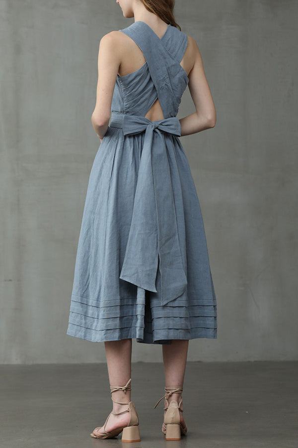 Cross Back O-Hals Maxikleid Leinen