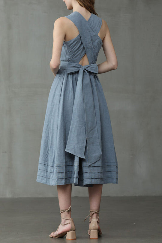 Cross Back O-Hals Maxikleid Leinen
