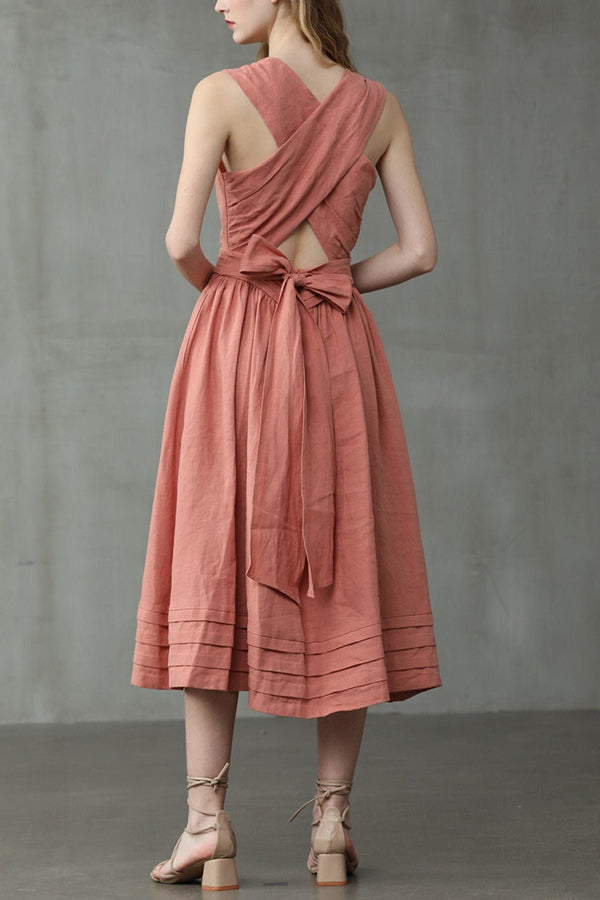 Cross Back O-Hals Maxikleid Leinen