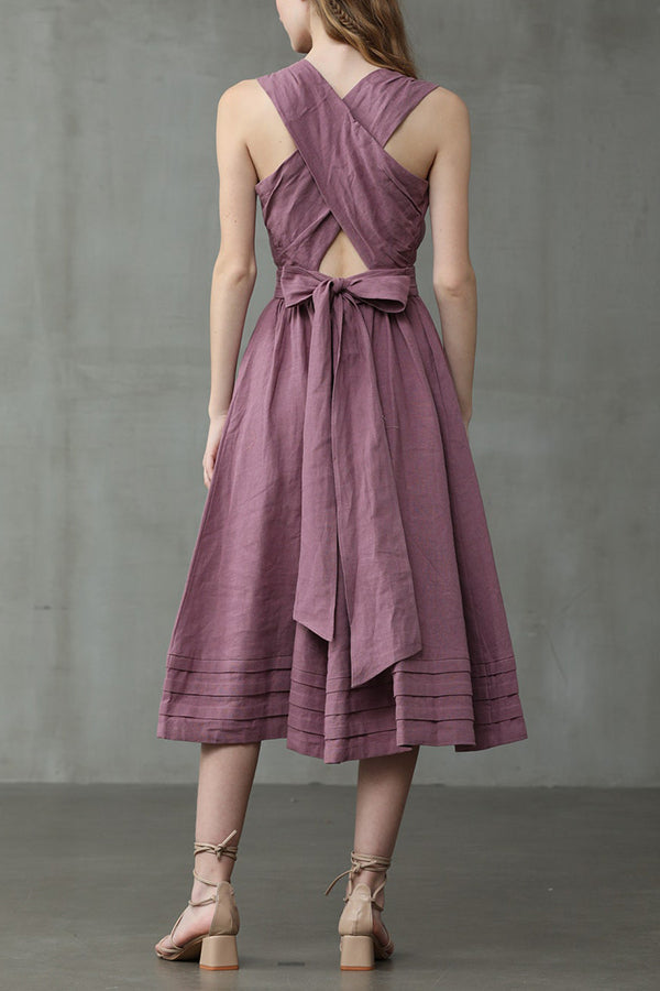 Cross Back O-Hals Maxikleid Leinen