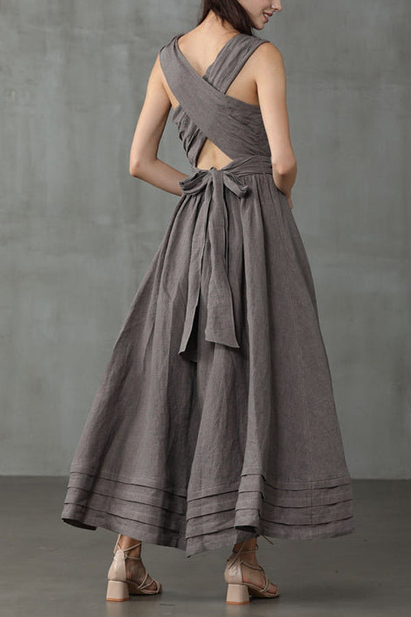 Cross Back O-Hals Maxikleid Leinen