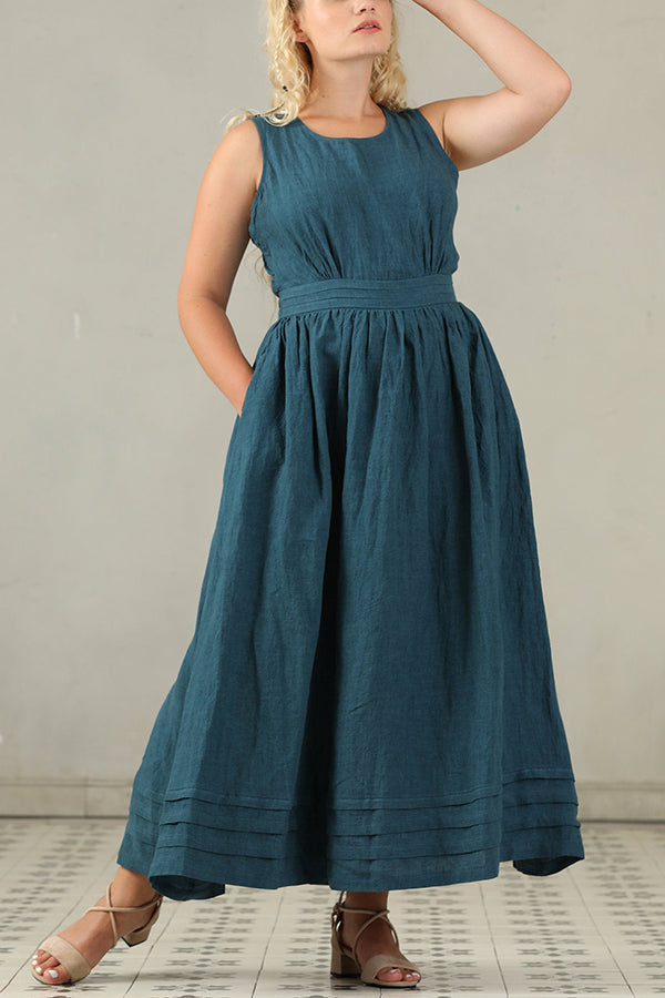 Cross Back O-Hals Maxikleid Leinen