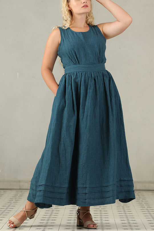 Cross Back O-Hals Maxikleid Leinen