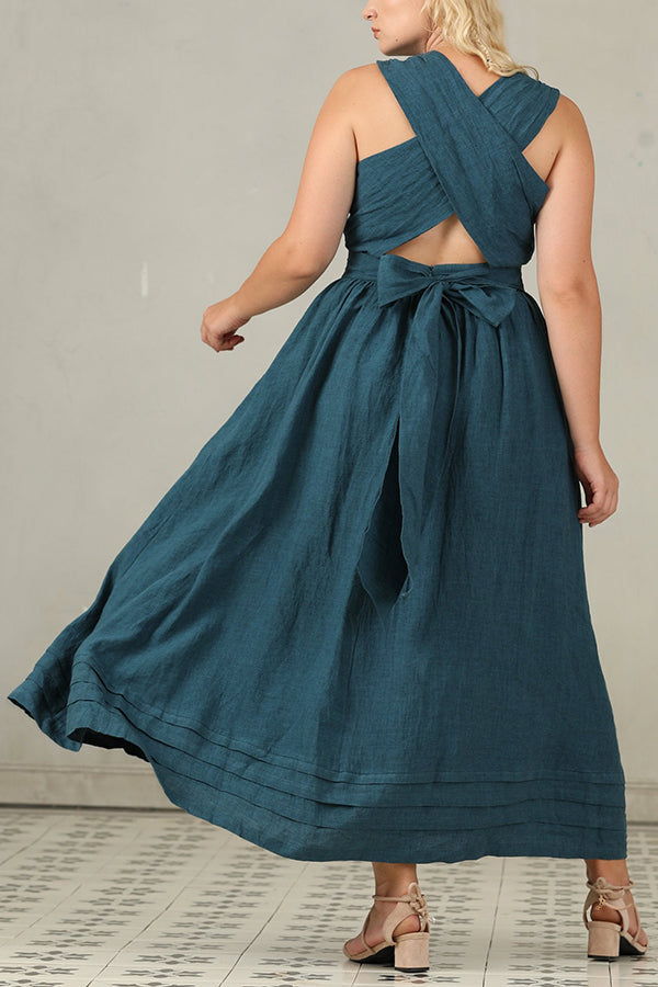 Cross Back O-Hals Maxikleid Leinen