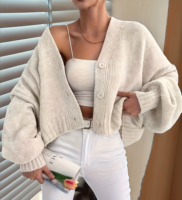 Cardigan - Damen Herbst Elfenbein Weiß Baumwoll Cardigan