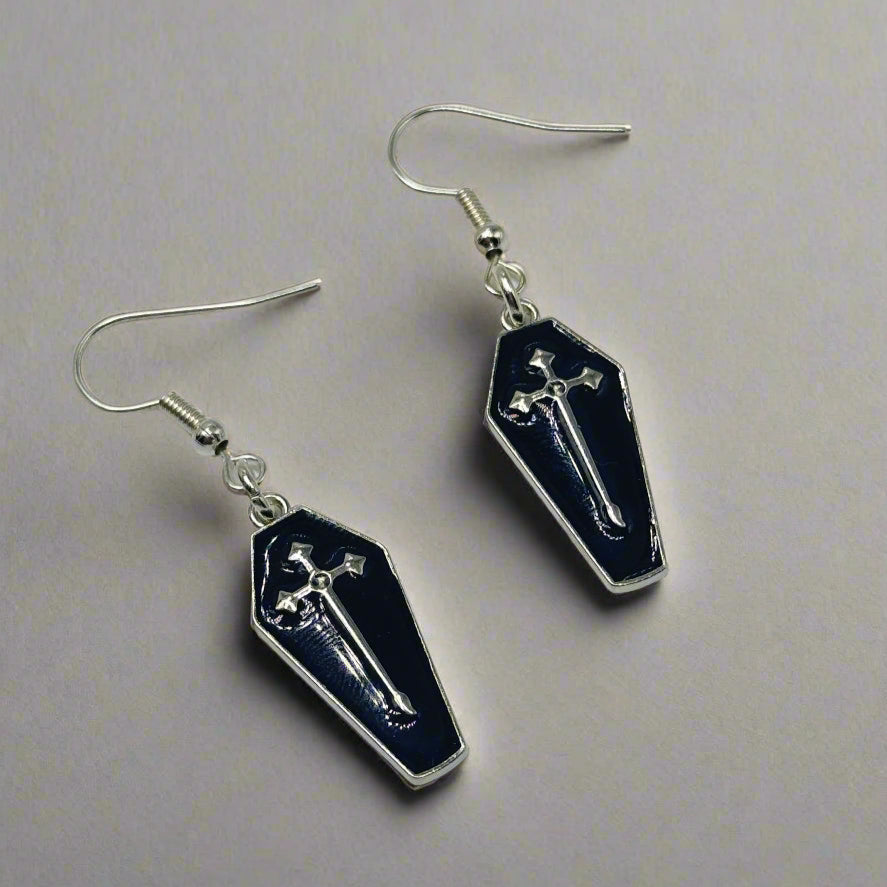 Silver Gothic Coffin Black Charm Earrings | Shop Nory