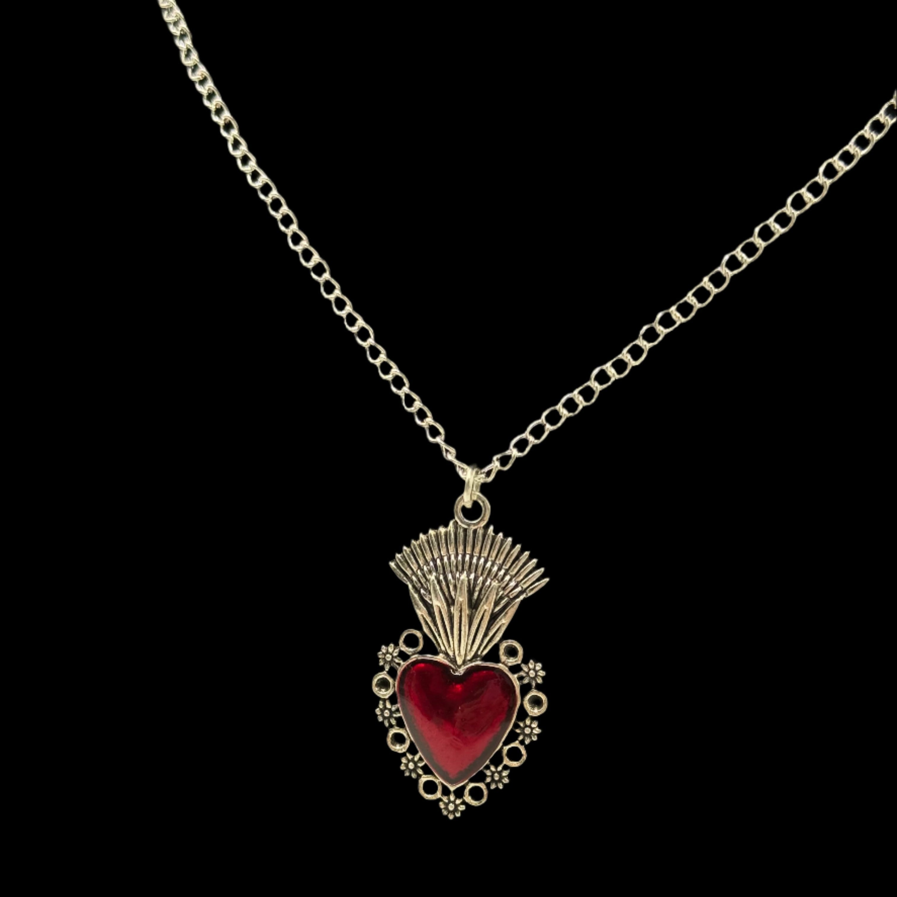 Large Silver Sacred Flaming Red Heart Charm Necklace | Shop Nory