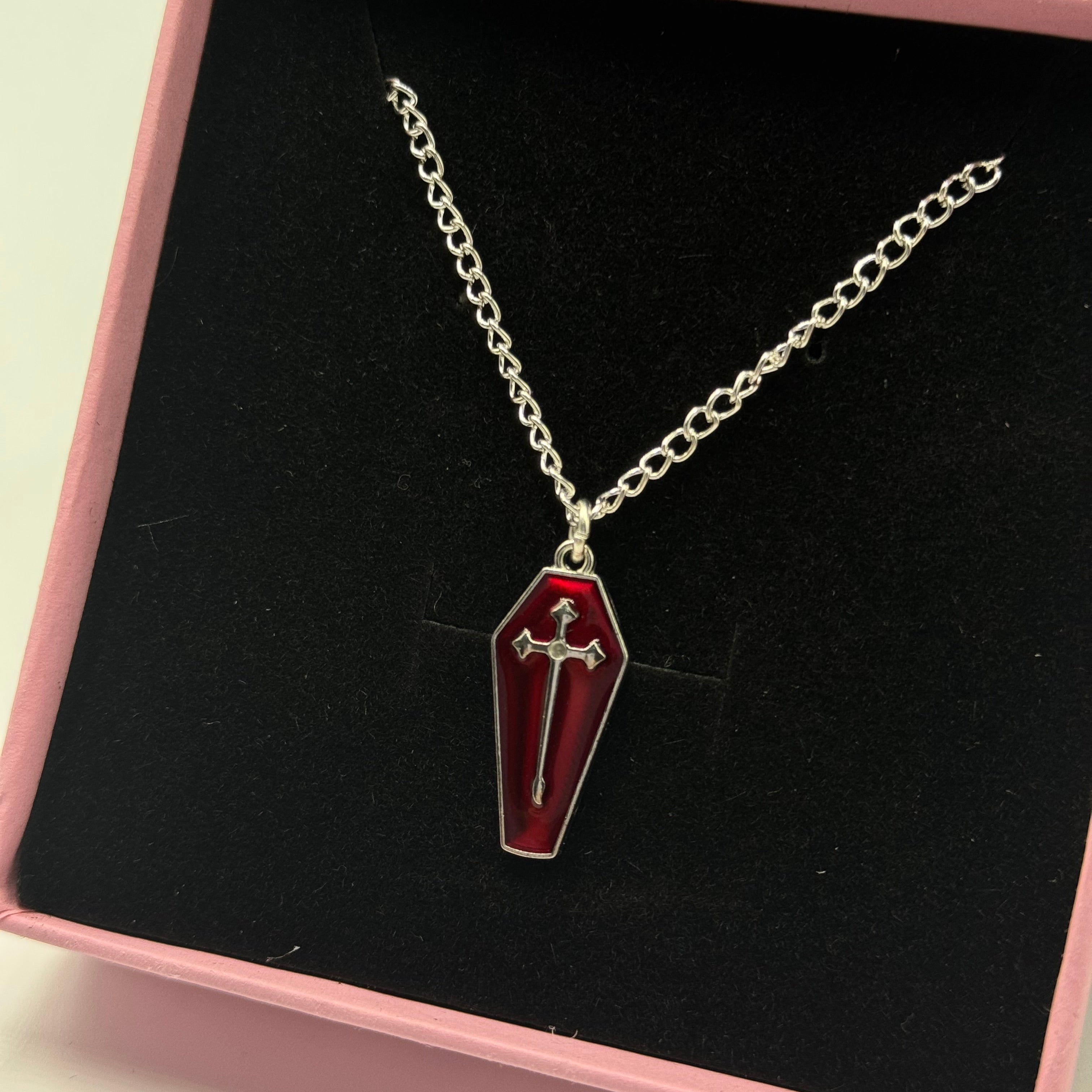 Silver Gothic Red Coffin Charm Necklace | Shop Nory