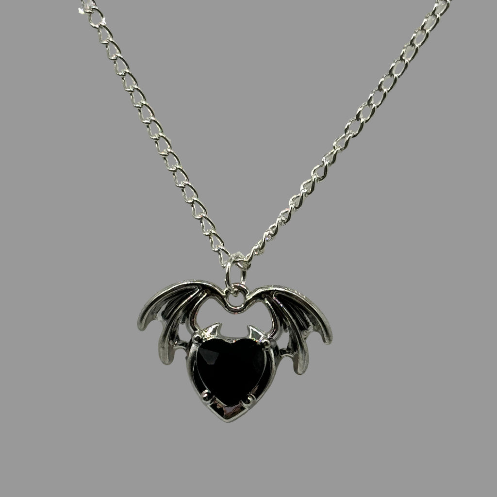 Silver Gothic Heart Wing Stone Charm Necklace | Shop Nory