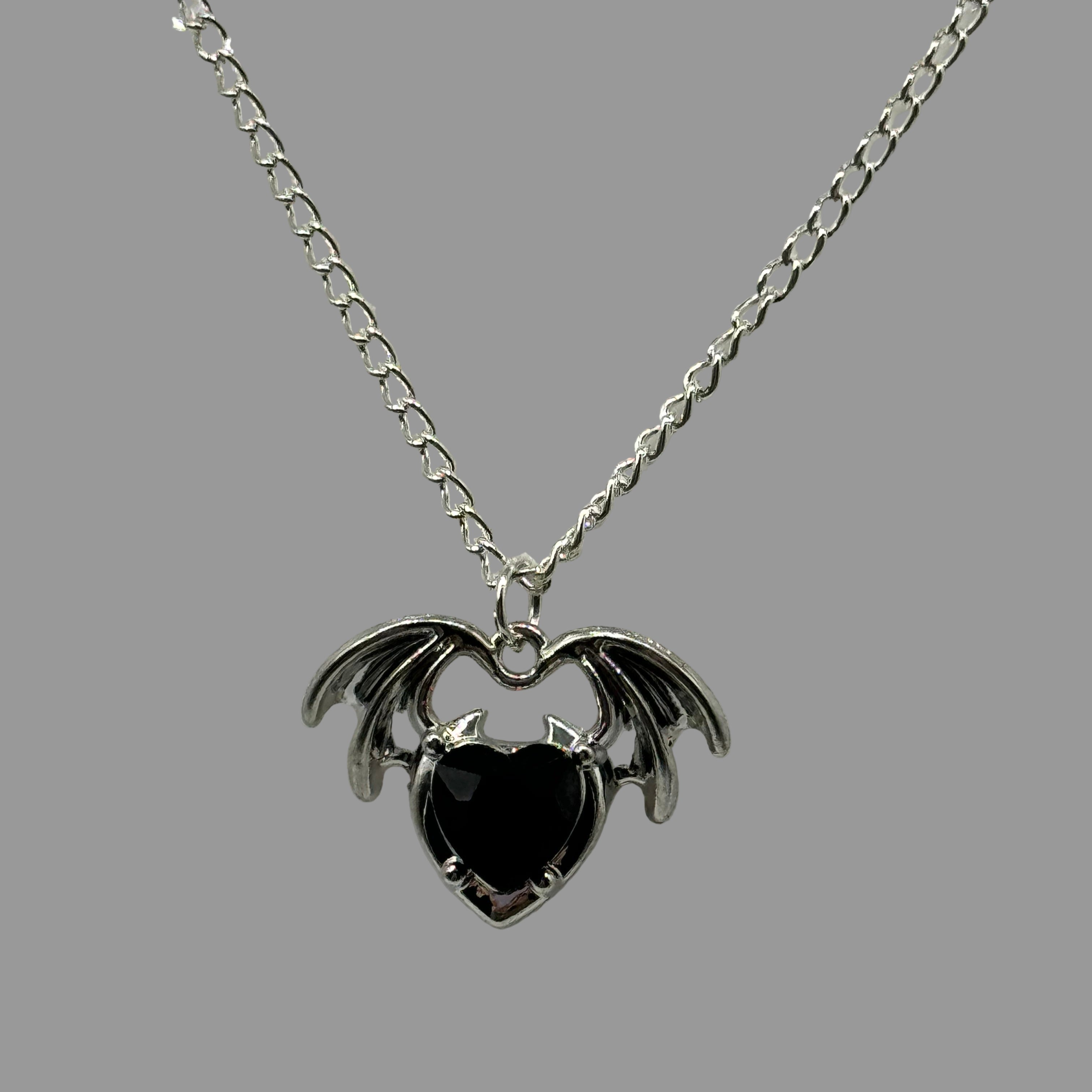 Silver Gothic Heart Wing Stone Charm Necklace | Shop Nory