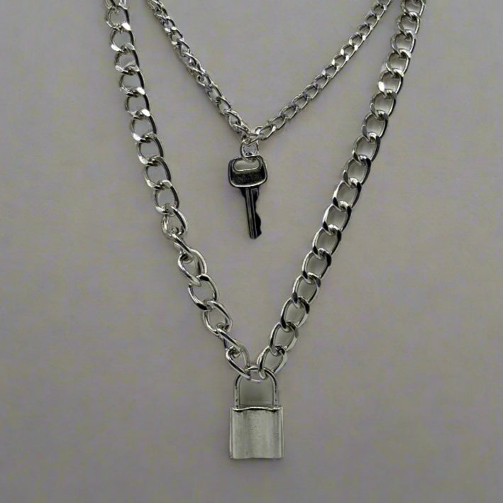 Large Silver Lock and Key Layered Chain Necklace Set | Shop Nory