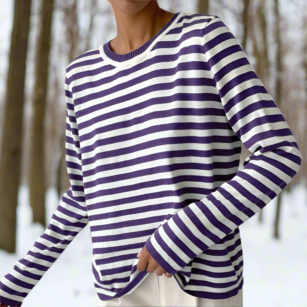 Langarm-T-Shirt Gestreift Rundhals Relaxed Fit Atmungsaktive Baumwolle