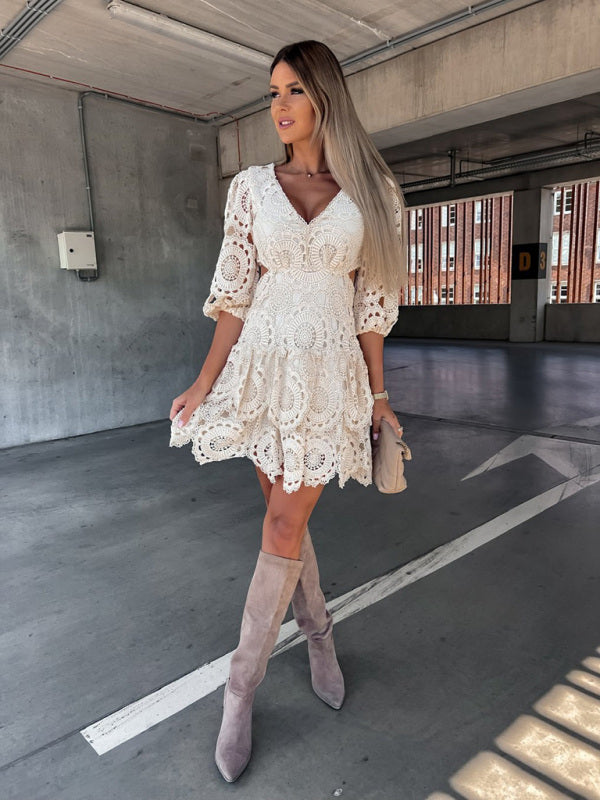 Shopnory | Damen Unifarbene V-Ausschnitt Spitzenkleid