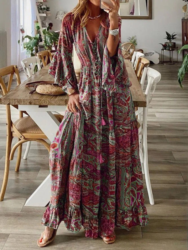 Damen Bohemianpaisley Druck & Trompetenärmel Kleid Maxi