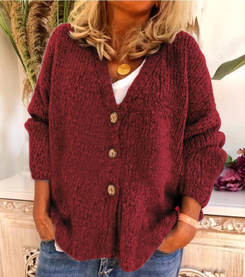 Shopnory | Woll Übergröße Strickjacke V-Ausschnitt Knopf Vorder Strickjacke