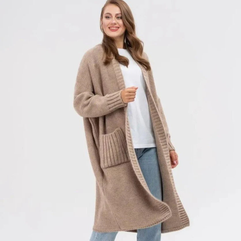 Strickjacke Gestrickte Woll Optik Übergröße Passform Lang mit Großen Taschen