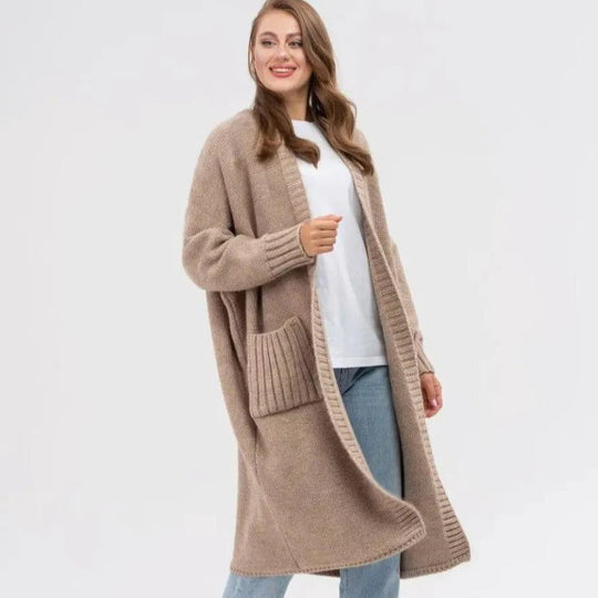 Strickjacke Gestrickte Woll Optik Übergröße Passform Lang mit Großen Taschen