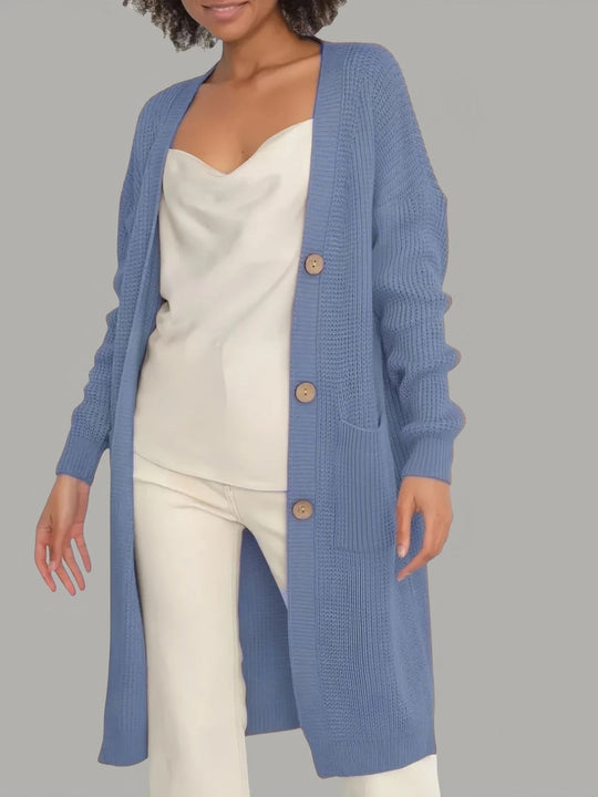 Lange Strickjacke Weiches Strick Lockerer Schnitt Knöpfe mit Taschen