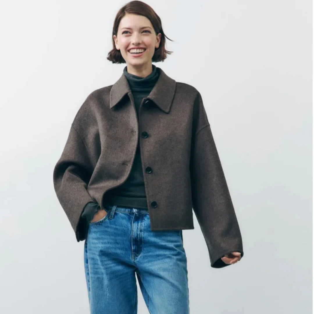 Cropped Wollmischung Jacke Minimalistische Knopf Down Oberbekleidung